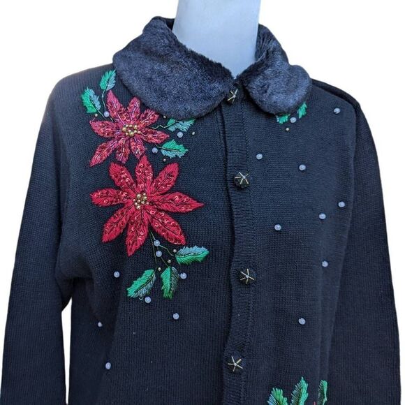 Vintage Ugly Sweater Black Red Christmas Flowers Cardigan Button Down Size M 90s - Picture 2 of 9